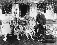 The Mitford family in 1928; Front row, from left to right , the mother Sydney Bowles, the daughters Unity, Jessica and Deborah, the father David Freeman-Mitford, 2nd baron Redesdale ; second row, Diana and Pamela ; back row, Nancy and Tom.