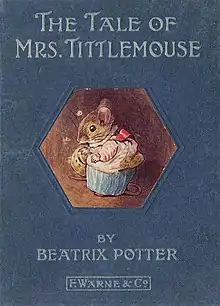 A book cover depicting in its center a mouse in a gown in profile. At the top of the cover the title reads The Tale of Mrs. Tittlemouse and beneath the image of the mouse are found the author and publisher credits.