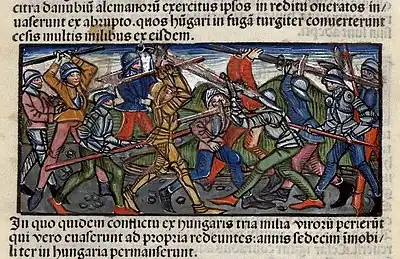 Chronica Hungarorum, Thuróczy chronicle, Hungarian campaign, Germans, battle, fight, sword, armor, soldiers, medieval, Hungarian chronicle, book, illustration, history