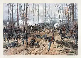 Thure de Thulstrup;s painting of the Battle of Shiloh, depicting soldiers in battles in the woods