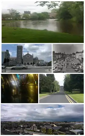 Clockwise from top: Mall River Walk; Cathedral of the Assumption; Liberty Square c. 1983; Liberty Square at night; St. Patrick's College; northeast view of the town