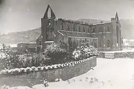 The Abbey in the snow, early 20th century, photo by William A. E. Call