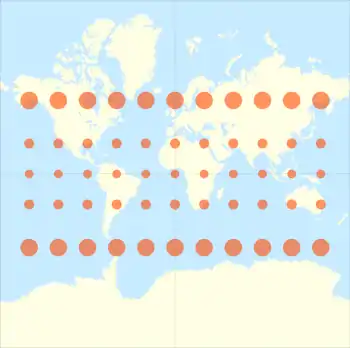 Image 41The Mercator projection with Tissot's indicatrix of deformation. (The distortion increases without limit at higher latitudes) (from Scale (map))