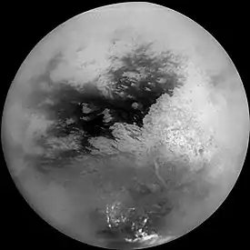 Image 6Titan (moon)Image credit: Cassini orbiterThe most detailed full-disc view of Titan, the largest moon of Saturn and second-largest in the Solar System. The brighter region on the right side and equatorial region is named Xanadu, and the large, dark region at the center is Shangri-la. This image has been processed to reduce the effects of the atmosphere and to sharpen surface features. It has been trimmed to show only the illuminated surface and not the atmosphere above the edge of the moon.More selected pictures