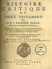  page with text beginning "Histoire Critique du vieux testament par Le R. P. Richard Simon"
