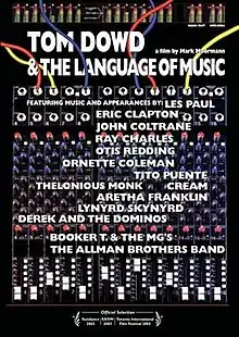 A soundboard with the following text on overlayed on top of it: Tom Dowd & the Language of Music. A film by Mark Moormann. Featuring music and appearances by: Les Paul, Eric Clapton, John Coltrane, Ray Charles, Otis Redding, Ornette Coleman, Tito Puente, Thelonious Monk, Cream, Aretha Franklin, Lynyrd Skynyrd, Derek and the Dominos, Booker T. & the MG's, the Allman Brothers Band, Thomas Klinger, and Joseph Foster. Official Selection – Sundance 2003 | SXSW 2003 | Toronto International Film Festival 2003