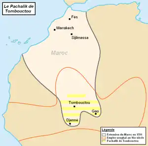 Map of the Pashalik of Timbuktu (yellow-striped) as part of the Saadi dynasty of Morocco (outlined black) within the Songhai Empire (outlined red), c. 1591