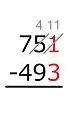 1 − 3 = not possible.We add a 10 to the 1. Because the 10 is "borrowed" from the nearby 5, the 5 is lowered by 1.