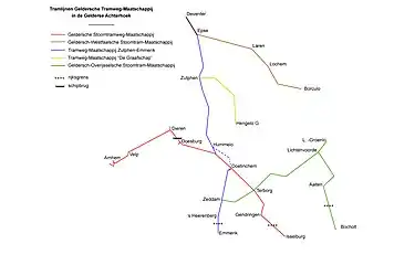 Map of 750 mm (.mw-parser-output .frac{white-space:nowrap}.mw-parser-output .frac .num,.mw-parser-output .frac .den{font-size:80%;line-height:0;vertical-align:super}.mw-parser-output .frac .den{vertical-align:sub}.mw-parser-output .sr-only{border:0;clip:rect(0,0,0,0);clip-path:polygon(0px 0px,0px 0px,0px 0px);height:1px;margin:-1px;overflow:hidden;padding:0;position:absolute;width:1px}2 ft 5+1⁄2 in) gauge tramways in the Achterhoek of Gelderland