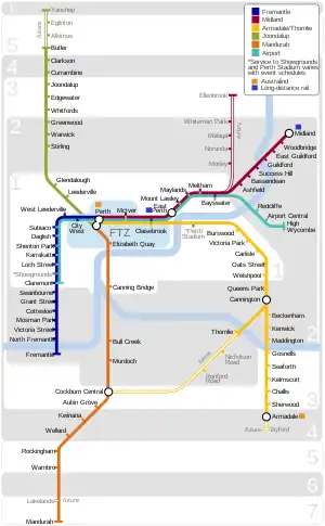 A map of the Transperth railway network