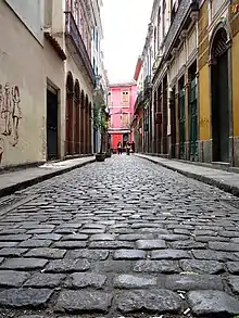 Travessa do Comércio in Rio de Janeiro, Brazil. Brazilian singer and actress Carmen Miranda lived at number 13 during her youth.