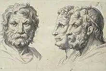 Three lion-like heads; by Charles Le Brun; circa 1671; black chalk, pen and ink, brush and gray wash, white gouache on paper; 21.7 × 32,7&nbsp;cm