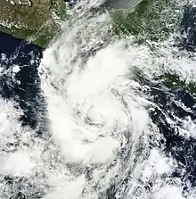 Satellite image of Carlotta developed a ragged central dense overcast, with a large area of thunderstorms and clouds.