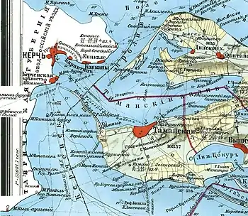 Tuzla Spit on a 1902 map of the Strait of Kerch.