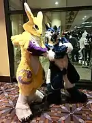 A Renamon fursuiter and a sergal fursuiter, respectively.