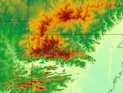 1:1000000 scale DEM of the U.S. Interior Highlands