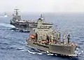 John Lenthall, right foreground, prepares to refuel the aircraft carrier USS&nbsp;Harry S. Truman, aft left, in the Mediterranean Sea.