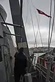 A courtesy Turkish flag is raised aboard the destroyer USS&nbsp;Truxtun  as the ship transits the Bosphorus strait
