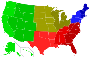 The four United States Census Bureau Regions separated by color, with the nine Census Divisions further delineated by shading