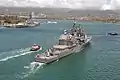 Vincennes pulls into port at Pearl Harbor, Hawaii, on 15 April 2005. USS&nbsp;Missouri is visible in the background.
