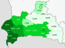 Ukrainians in the region.mw-parser-output .legend{page-break-inside:avoid;break-inside:avoid-column}.mw-parser-output .legend-color{display:inline-block;min-width:1.25em;height:1.25em;line-height:1.25;margin:1px 0;text-align:center;border:1px solid black;background-color:transparent;color:black}.mw-parser-output .legend-text{}&nbsp;&nbsp;>6%.mw-parser-output .legend{page-break-inside:avoid;break-inside:avoid-column}.mw-parser-output .legend-color{display:inline-block;min-width:1.25em;height:1.25em;line-height:1.25;margin:1px 0;text-align:center;border:1px solid black;background-color:transparent;color:black}.mw-parser-output .legend-text{}&nbsp;&nbsp;4–6%.mw-parser-output .legend{page-break-inside:avoid;break-inside:avoid-column}.mw-parser-output .legend-color{display:inline-block;min-width:1.25em;height:1.25em;line-height:1.25;margin:1px 0;text-align:center;border:1px solid black;background-color:transparent;color:black}.mw-parser-output .legend-text{}&nbsp;&nbsp;2–4%.mw-parser-output .legend{page-break-inside:avoid;break-inside:avoid-column}.mw-parser-output .legend-color{display:inline-block;min-width:1.25em;height:1.25em;line-height:1.25;margin:1px 0;text-align:center;border:1px solid black;background-color:transparent;color:black}.mw-parser-output .legend-text{}&nbsp;&nbsp;1–2%.mw-parser-output .legend{page-break-inside:avoid;break-inside:avoid-column}.mw-parser-output .legend-color{display:inline-block;min-width:1.25em;height:1.25em;line-height:1.25;margin:1px 0;text-align:center;border:1px solid black;background-color:transparent;color:black}.mw-parser-output .legend-text{}&nbsp;&nbsp;<1%