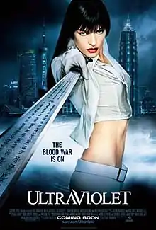 A woman with black hair and red lip, dressed all in white, and point a sword