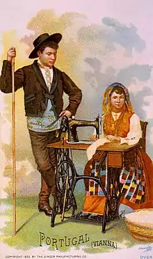 Advertisement card (World Columbian Exposition, Chicago, 1893) showing two people from Portugal in traditional dresses[323][324]