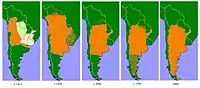Green map of Argentina with an orange outline growing over time to illustrate the changing state of Argentina's indigenous peoples.