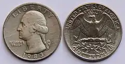 Obverse and reverse of Washington quarter, 1983 (clad composition)