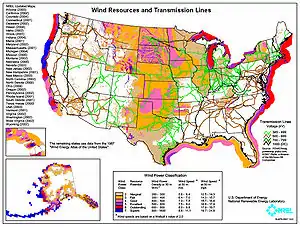 Image 32Map of available wind power over the United States. Colour codes indicate wind power density class (from Wind farm)