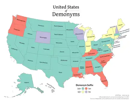 Map of State Demonyms of the United States of America colored by suffix.