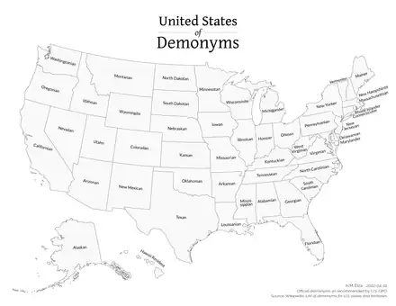 Map of State Demonyms of the United States of America.