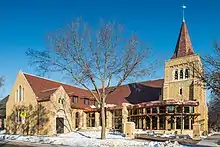 Unity Church exterior and main entrance. Stone building with bell tower