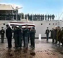 The Unknown Soldier from World War I arriving at the Washington Navy Yard, circa 1921 (colored)