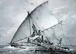 Image 32An Austronesian outrigger canoe; Malagasy vahoaka "people" is from Proto-Malayo-Polynesian *va-waka "people of the canoe". The Vahoaka Ntaolo, the first Austronesian ancestors of the Malagasy, probably used similar canoes to reach the great island from the Sunda Islands (from History of Madagascar)