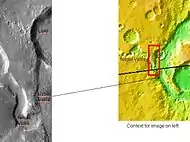 The long channel Nirgal Vallis is shown where it connects to Uzboi Vallis.  The crater Luki is 21&nbsp;km in diameter.  Picture taken by THEMIS.