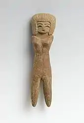 Female figurine; 2600-1500 BCE; ceramic; 11 x 2.9 x 1.6&nbsp;cm (4.mw-parser-output .frac{white-space:nowrap}.mw-parser-output .frac .num,.mw-parser-output .frac .den{font-size:80%;line-height:0;vertical-align:super}.mw-parser-output .frac .den{vertical-align:sub}.mw-parser-output .sr-only{border:0;clip:rect(0,0,0,0);clip-path:polygon(0px 0px,0px 0px,0px 0px);height:1px;margin:-1px;overflow:hidden;padding:0;position:absolute;width:1px}5⁄16 x 1.mw-parser-output .frac{white-space:nowrap}.mw-parser-output .frac .num,.mw-parser-output .frac .den{font-size:80%;line-height:0;vertical-align:super}.mw-parser-output .frac .den{vertical-align:sub}.mw-parser-output .sr-only{border:0;clip:rect(0,0,0,0);clip-path:polygon(0px 0px,0px 0px,0px 0px);height:1px;margin:-1px;overflow:hidden;padding:0;position:absolute;width:1px}1⁄8 x .mw-parser-output .frac{white-space:nowrap}.mw-parser-output .frac .num,.mw-parser-output .frac .den{font-size:80%;line-height:0;vertical-align:super}.mw-parser-output .frac .den{vertical-align:sub}.mw-parser-output .sr-only{border:0;clip:rect(0,0,0,0);clip-path:polygon(0px 0px,0px 0px,0px 0px);height:1px;margin:-1px;overflow:hidden;padding:0;position:absolute;width:1px}5⁄8 in.); Brooklyn Museum (New York City)