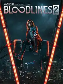 The cover art shows a vampire sitting on the Ferris wheel at Pier 57 in Seattle together with two lifeless bodies. The logo shows "Bloodlines 2" in a large font, with the two "o"s stylized as an infinity symbol.