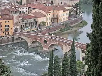The Adige flowing through Verona seen from Castel San Pietro.