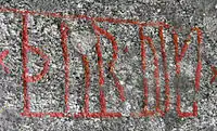 Runes (.mw-parser-output .script-runic{font-family:"BabelStone Runic Beagnoth","BabelStone Runic Beorhtnoth","BabelStone Runic Beorhtric","BabelStone Runic Beowulf","BabelStone Runic Berhtwald","BabelStone Runic Byrhtferth",Junicode,Kelvinch,"Free Monospaced",Code2000,Hnias,"Noto Sans Runic","Segoe UI Historic","Segoe UI Symbol","San Francisco","New York"}᛭ᚦᚢᚱ᛬ᚢᛁᚴᛁ᛭) × þur : uiki × on the Velanda Runestone, Sweden, meaning "may Þórr hallow".