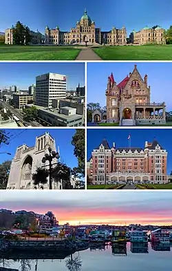 Clockwise from top: the British Columbia Parliament Buildings; Downtown Victoria; Craigdarroch Castle; Christ Church Cathedral; the Empress Hotel; and the Float Home Village at Fisherman's Wharf