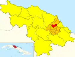 Map of Aguada de Moya (Red) in Camajuaní (Orange) in Villa Clara (Yellow)