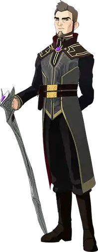 Promotional still of a fictional character. From the reader's point of view, he is standing and facing the camera, with his body turned slightly sideways to the left. The man has short brownish hair that is turning gray and a chin strap beard. He is wearing black, medieval-styled robes, with his left hand behind his back. His right arm is extended, holding a silver staff.