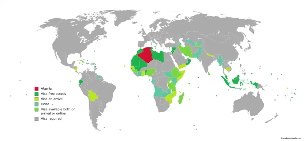 Visa requirements for Algerian citizens.mw-parser-output .legend{page-break-inside:avoid;break-inside:avoid-column}.mw-parser-output .legend-color{display:inline-block;min-width:1.25em;height:1.25em;line-height:1.25;margin:1px 0;text-align:center;border:1px solid black;background-color:transparent;color:black}.mw-parser-output .legend-text{}&nbsp;&nbsp;Algeria.mw-parser-output .legend{page-break-inside:avoid;break-inside:avoid-column}.mw-parser-output .legend-color{display:inline-block;min-width:1.25em;height:1.25em;line-height:1.25;margin:1px 0;text-align:center;border:1px solid black;background-color:transparent;color:black}.mw-parser-output .legend-text{}&nbsp;&nbsp;Visa free access.mw-parser-output .legend{page-break-inside:avoid;break-inside:avoid-column}.mw-parser-output .legend-color{display:inline-block;min-width:1.25em;height:1.25em;line-height:1.25;margin:1px 0;text-align:center;border:1px solid black;background-color:transparent;color:black}.mw-parser-output .legend-text{}&nbsp;&nbsp;Visa on arrival.mw-parser-output .legend{page-break-inside:avoid;break-inside:avoid-column}.mw-parser-output .legend-color{display:inline-block;min-width:1.25em;height:1.25em;line-height:1.25;margin:1px 0;text-align:center;border:1px solid black;background-color:transparent;color:black}.mw-parser-output .legend-text{}&nbsp;&nbsp;eVisa.mw-parser-output .legend{page-break-inside:avoid;break-inside:avoid-column}.mw-parser-output .legend-color{display:inline-block;min-width:1.25em;height:1.25em;line-height:1.25;margin:1px 0;text-align:center;border:1px solid black;background-color:transparent;color:black}.mw-parser-output .legend-text{}&nbsp;&nbsp;Visa available both on arrival or online.mw-parser-output .legend{page-break-inside:avoid;break-inside:avoid-column}.mw-parser-output .legend-color{display:inline-block;min-width:1.25em;height:1.25em;line-height:1.25;margin:1px 0;text-align:center;border:1px solid black;background-color:transparent;color:black}.mw-parser-output .legend-text{}&nbsp;&nbsp;Visa required