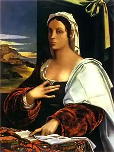 Giovanna d'Aragona y Cardona(1502 - divorced 1550 - 11 September 1575), a daughter of Fernando de Aragón y Guardato, 1st Duke of Montalto was sister in law of famous artistic and literary woman Vittoria Colonna, (1490 - 1547), here depicted,  thropugh her marriage to her brother Ascanio I Colonna, Duke dei Marsi, (1500 - 1557). Painting by Sebastiano del Piombo, (1485 - June 1547)