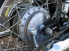 A drum brake at the spoked rear wheel of a  Kawasaki W800