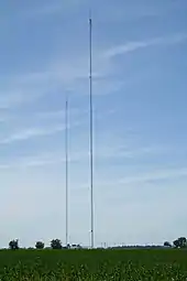 The 411.8-meter (1,351.0&nbsp;ft) tall WBUI tower (left tower) near Argenta, Illinois, 2007.