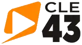 At left, a yellow-orange paralleogram with rounded edges with a cutout triangle shape representing a "play" button symbol. At right, two lines of text, the top row in a light font weight reading "CLE" with the bottom row in a heavy font weight reading "43".