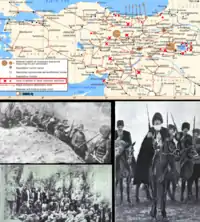 "Top:" The size of the stars show where the active conflicts occurred in 1915 "Left Upper:" Armenians defending the walls of Van in the spring of 1915 "Left Lower:" Armenian Resistance in Urfa "Right:" A seventy-year-old Armenian priest leading Armenians to battle field.