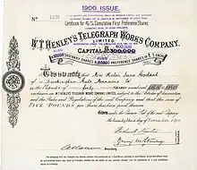 Stock certificate of W.T. Henley's Telegraph Works Company, issued 23 November 1900, handsigned by Henry Morton Stanley as a director. He served in this function from 1900 until his death.